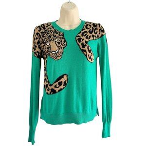 BCBG MAXAZRIA Woman's Sz XS Jaxin Emerald Green Leopard Cheetah Print Sweater
